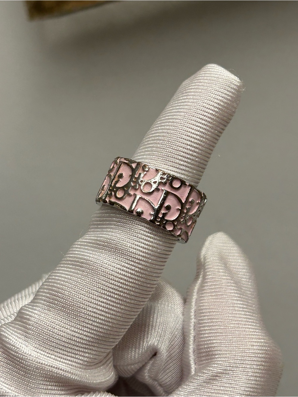 DIOR Vintage Christian Dior Oblique Pink Trotter No. 2 Silvertone Ring • Size 6 - Picture 9 of 10